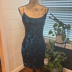 Windsor Black Dress with Teal Sequin Swirl